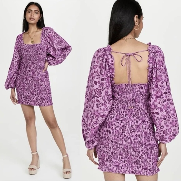 FREE PEOPLE Azalea Combo Smock It To Me Mini Dress Purple Long Sleeve Sz XS NWT - Picture 1 of 8